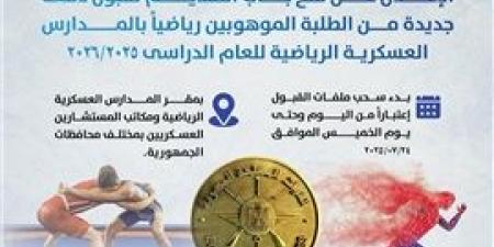 بالإنفوجراف.. الإعلان عن فتح باب التقديم لقبول دفعة جديدة من الطلبة الموهوبين رياضياً بالمدارس العسكرية الرياضية